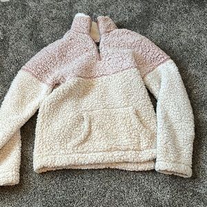 Fluffy pink, and white jacket